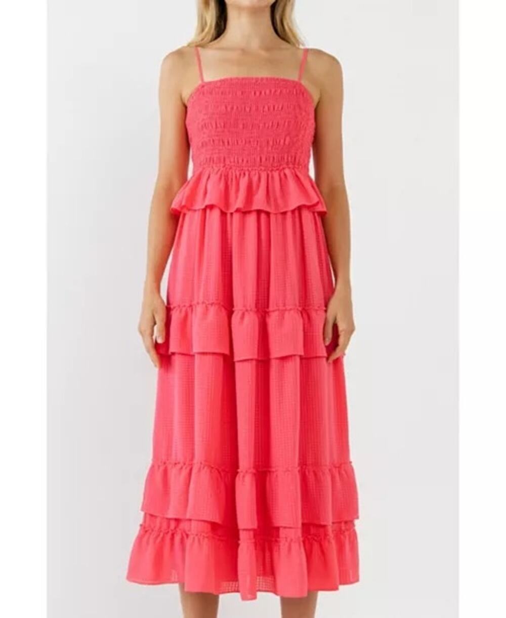 Preppy Wedding Guest Summer Tiered Smocked Gingham Endless Rose Maxi Dress Sz M